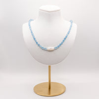 Aquamarine and Biwa Pearl Beaded Necklace:  Adjustable, Sterling Silver, Beach Jewelry, Grade A+ Aquamarine